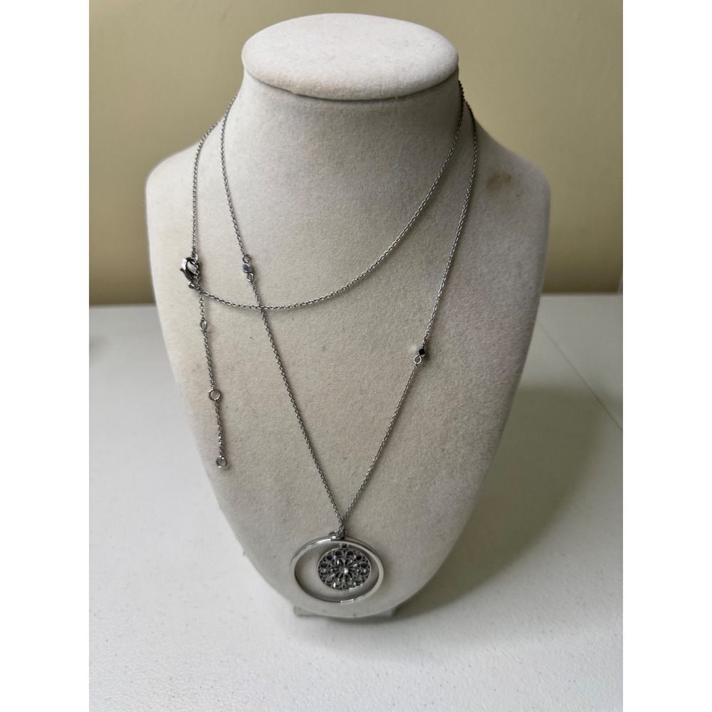 Silver Tone Layered Necklace Circle Pendant Rhinestone Accents‎ Adjustable Chain